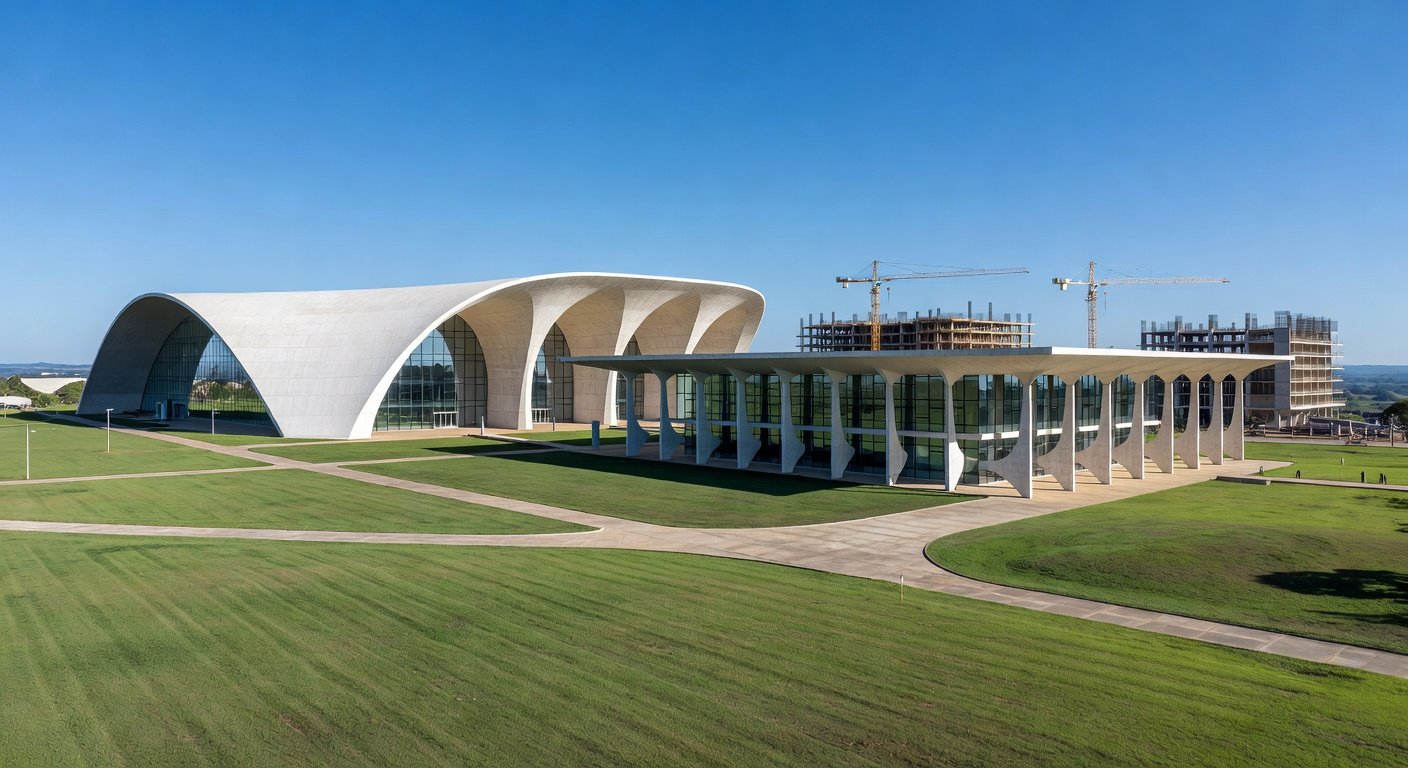 Campus universitário moderno em Brasília, representando o aumento de 77% em matrículas no ensino superior público do DF impulsionado pela UnDF.