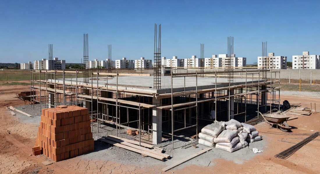 Obra de construção no Gama, DF, com laje exposta e equipamentos, representando acidente fatal.