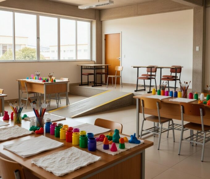 Sala de ateliê escolar no Gama com materiais artísticos para inclusão de alunos com deficiência intelectual.