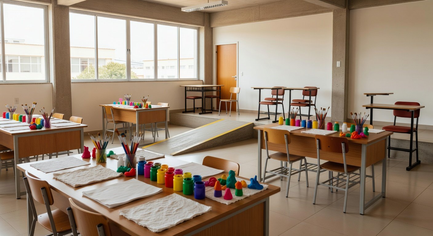 Sala de ateliê escolar no Gama com materiais artísticos para inclusão de alunos com deficiência intelectual.