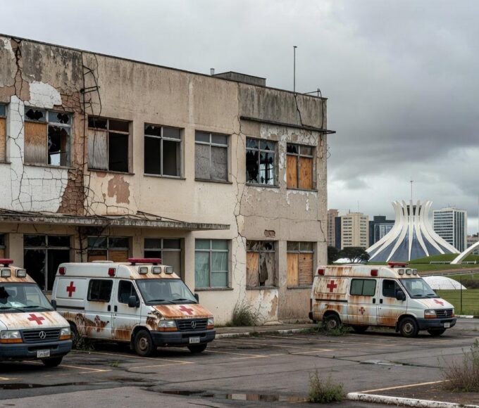 Hospital público e viaturas policiais em Brasília, representando crise no sistema de saúde e segurança no DF.