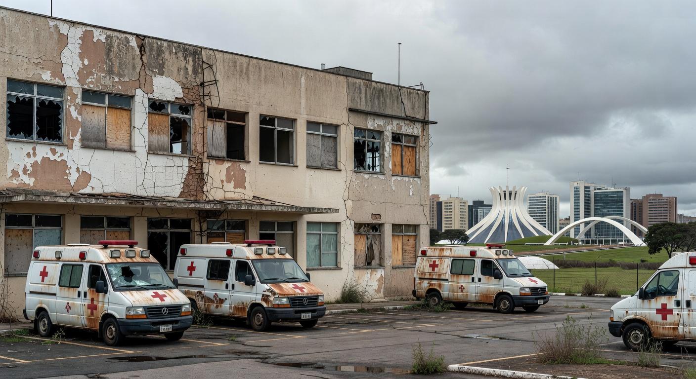 Hospital público e viaturas policiais em Brasília, representando crise no sistema de saúde e segurança no DF.