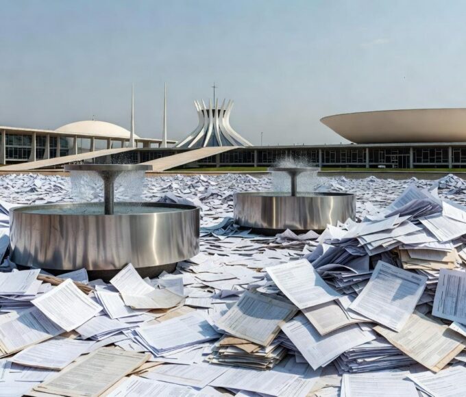 Bebedouro em evento ao ar livre em Brasília, com documentos de impostos, representando lei da CLDF sobre obrigatoriedade e custos extras.