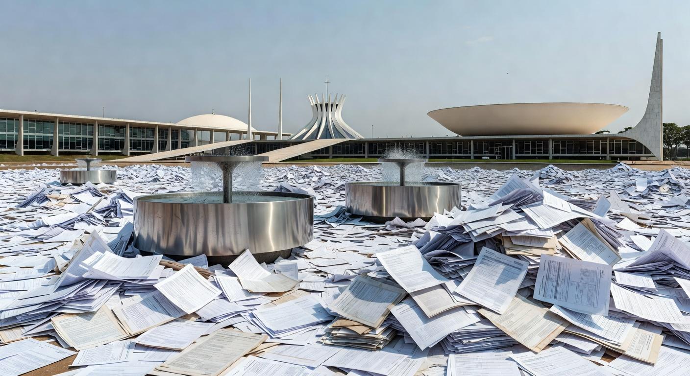 Bebedouro em evento ao ar livre em Brasília, com documentos de impostos, representando lei da CLDF sobre obrigatoriedade e custos extras.