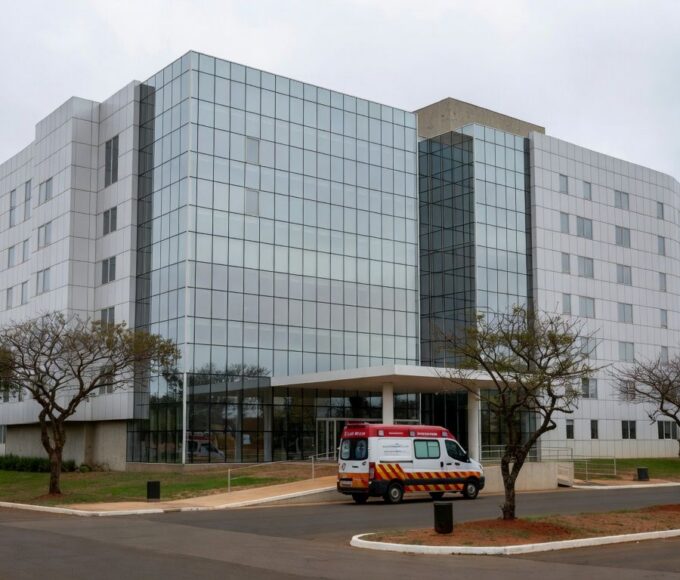 Hospital em Brasília com ambulância na entrada, representando internação por broncopneumonia bacteriana.