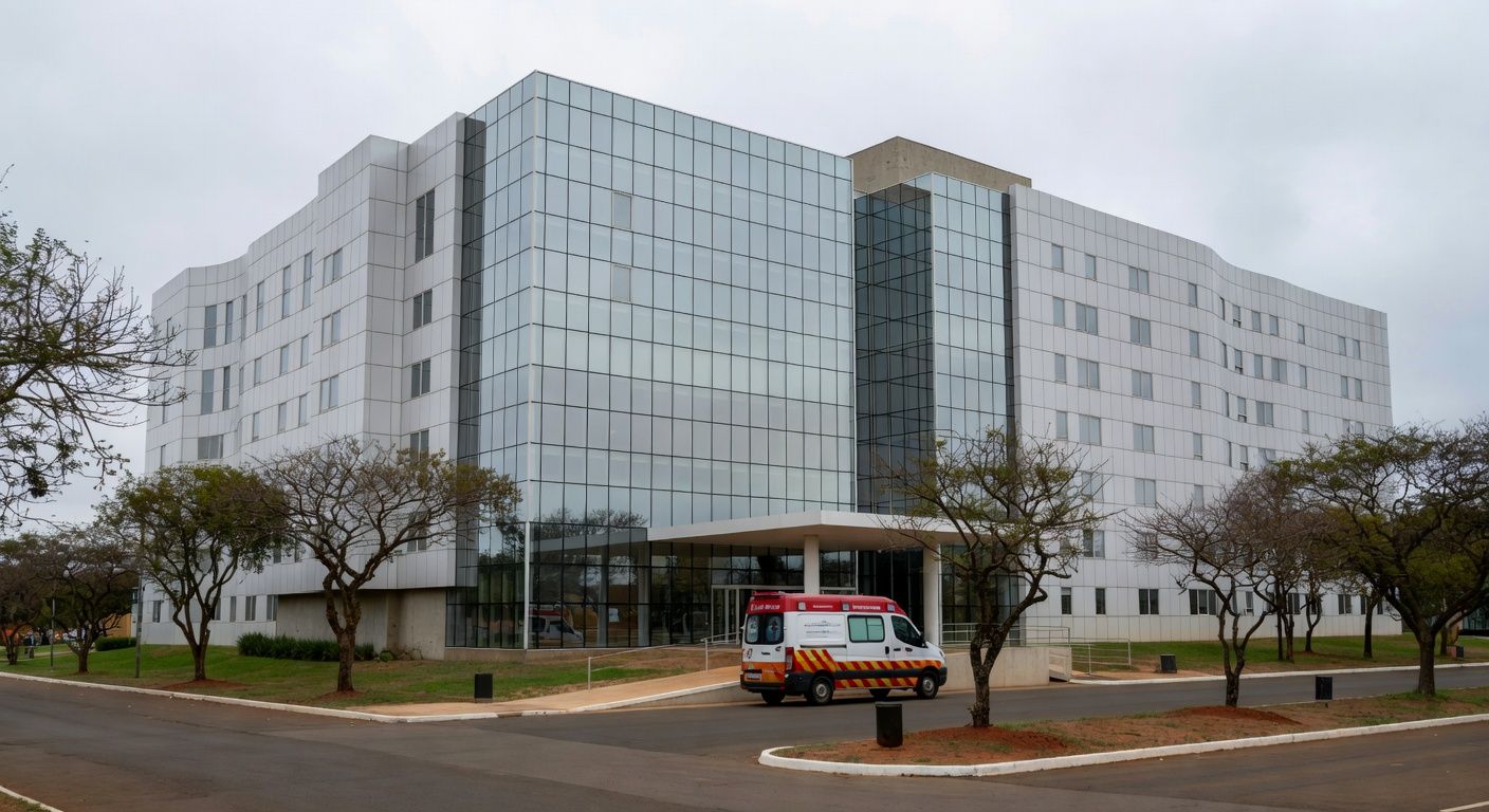 Hospital em Brasília com ambulância na entrada, representando internação por broncopneumonia bacteriana.