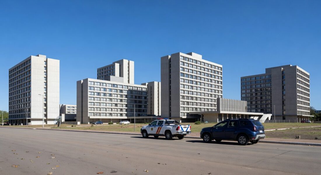 Vista dos setores hoteleiros em Brasília com viaturas policiais e câmeras de segurança, representando ampliação da Área de Segurança Especial.