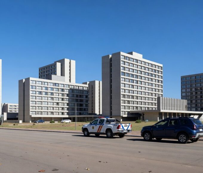 Vista dos setores hoteleiros em Brasília com viaturas policiais e câmeras de segurança, representando ampliação da Área de Segurança Especial.