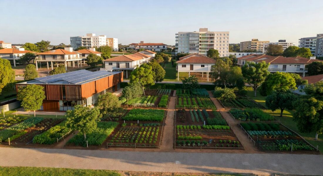 Vista panorâmica de Riacho Fundo II, no DF, com construções modernas e elementos de autossuficiência como painéis solares e hortas, representando investimento de R$ 96 milhões do GDF.
