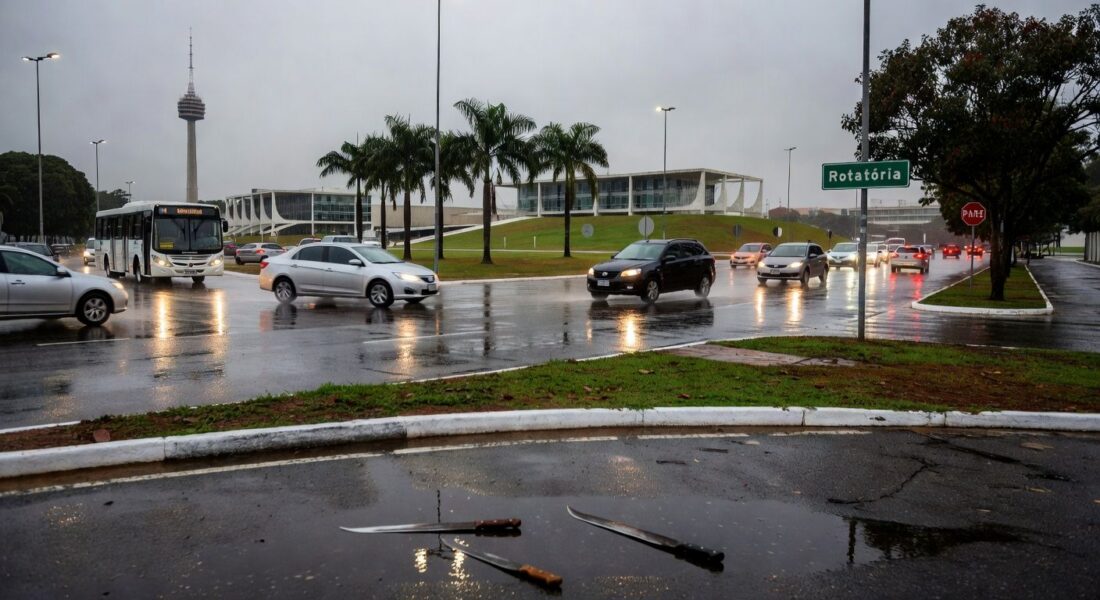 Rotatória no DF com facões no chão, representando ameaça e agressão entre artista de rua e ambulante.