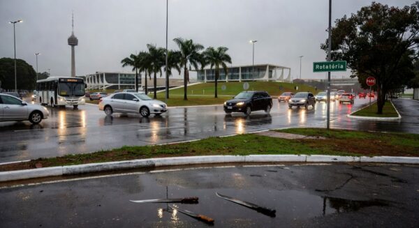 Rotatória no DF com facões no chão, representando ameaça e agressão entre artista de rua e ambulante.