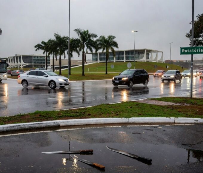 Rotatória no DF com facões no chão, representando ameaça e agressão entre artista de rua e ambulante.