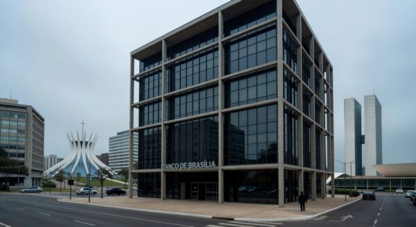 Edifício do BRB em Brasília sob céu nublado, representando suspeitas de irregularidades na instituição financeira.