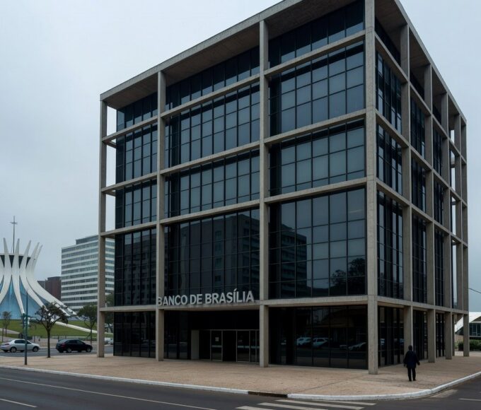 Edifício do BRB em Brasília sob céu nublado, representando suspeitas de irregularidades na instituição financeira.