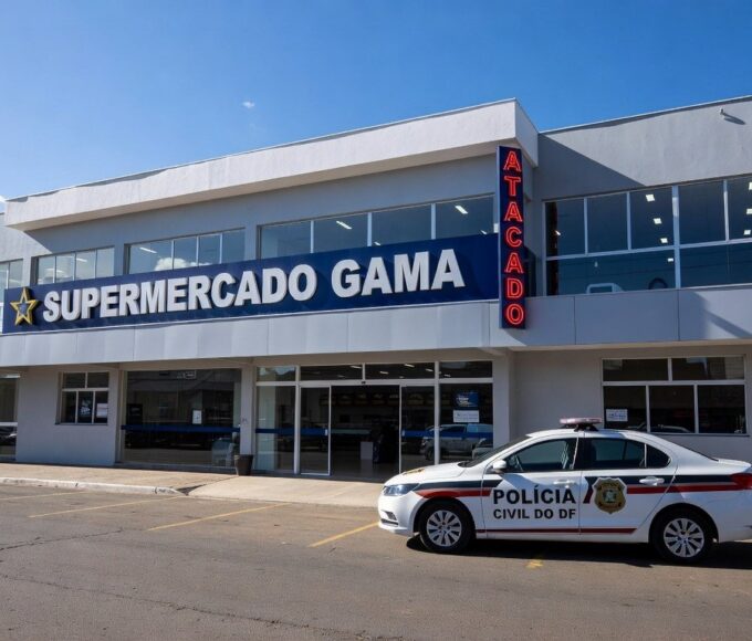 Fachada de supermercado no Gama com viatura policial, representando denúncia de racismo e investigação de violência doméstica.