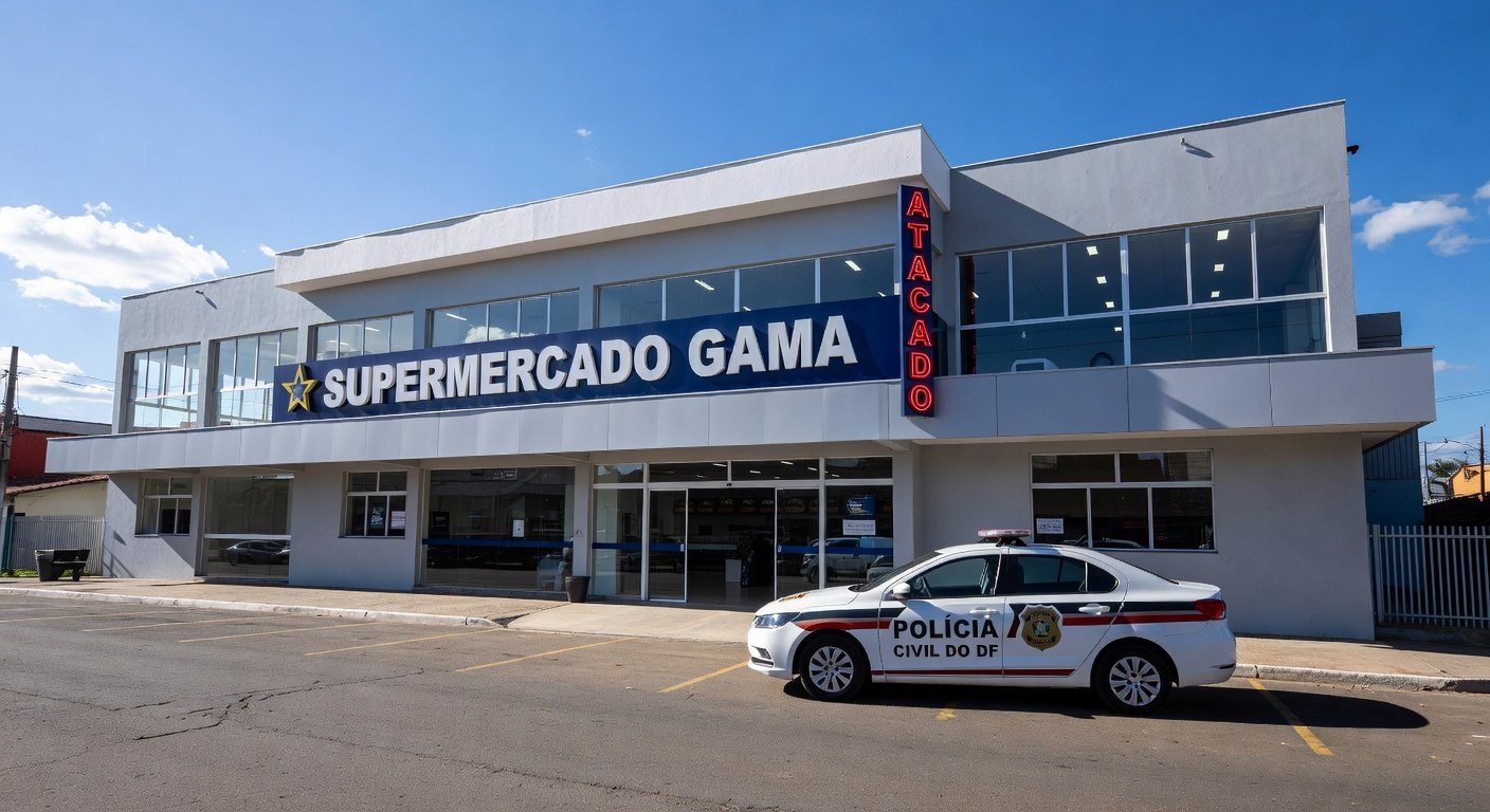 Fachada de supermercado no Gama com viatura policial, representando denúncia de racismo e investigação de violência doméstica.