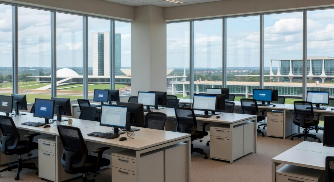 Escritório vazio em Brasília representando escassez de mão de obra qualificada apesar de saldo positivo de empregos.
