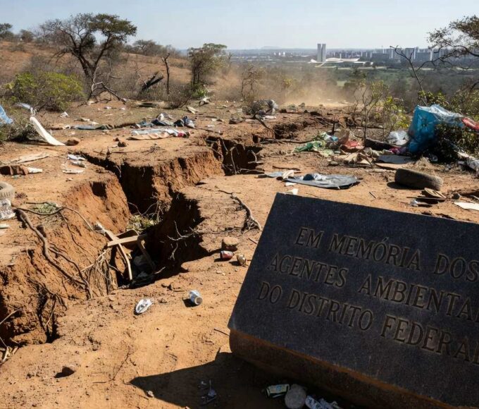Edifício da CLDF em Brasília com fundo de crise ambiental, representando homenagem tardia a agentes ambientais no DF.