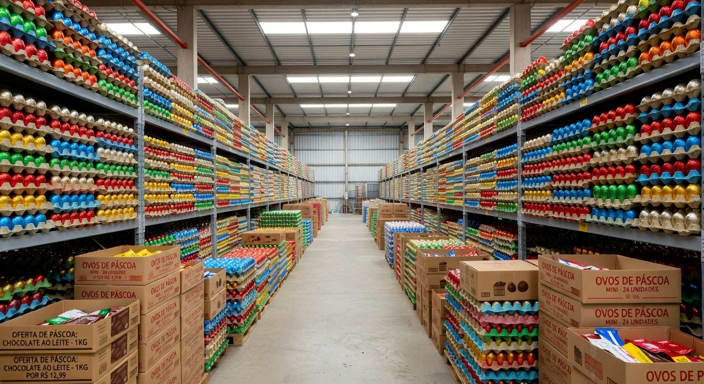 Prateleiras de atacadista no DF com ovos de Páscoa econômicos, projetando alta de 20% em vendas para 2026.