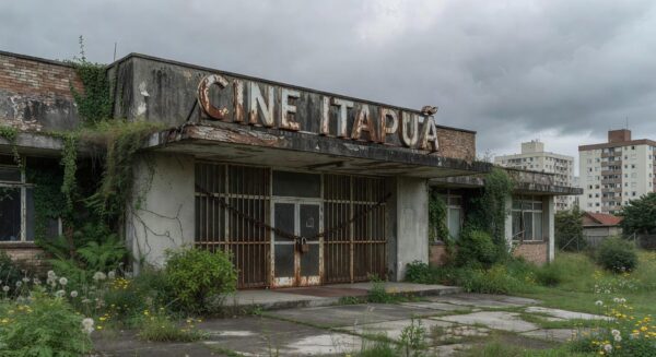 Fachada abandonada do Cine Itapuã no Gama, DF, fechado há 21 anos, com anúncio de reforma.