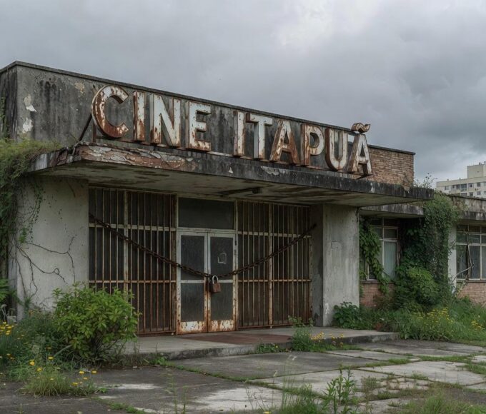 Fachada abandonada do Cine Itapuã no Gama, DF, fechado há 21 anos, com anúncio de reforma.