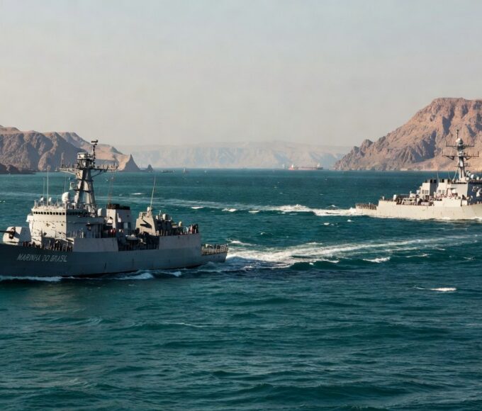 Foto do Estreito de Ormuz com navios militares, ilustrando recusa da Otan em ação.