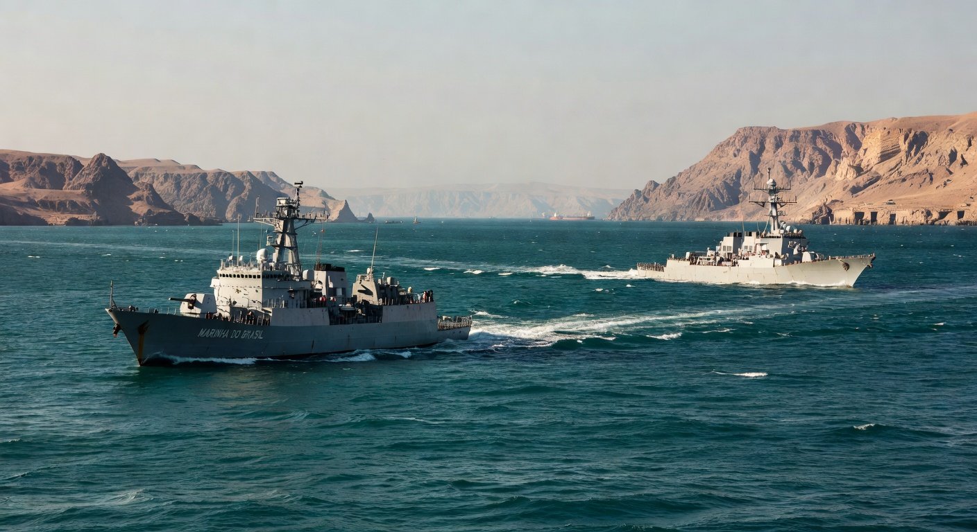 Foto do Estreito de Ormuz com navios militares, ilustrando recusa da Otan em ação.