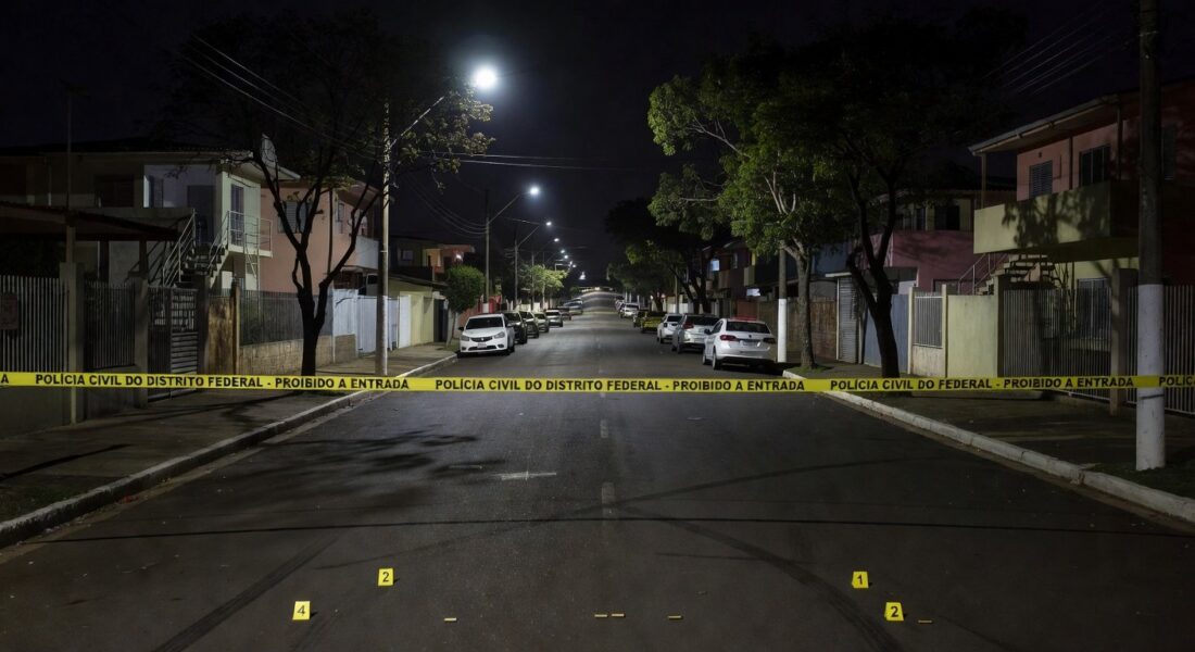 Cena de crime isolada em rua do Setor Oeste do Gama, com fita de isolamento e viaturas policiais.