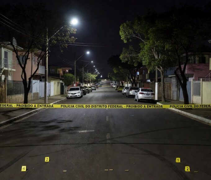 Cena de crime isolada em rua do Setor Oeste do Gama, com fita de isolamento e viaturas policiais.