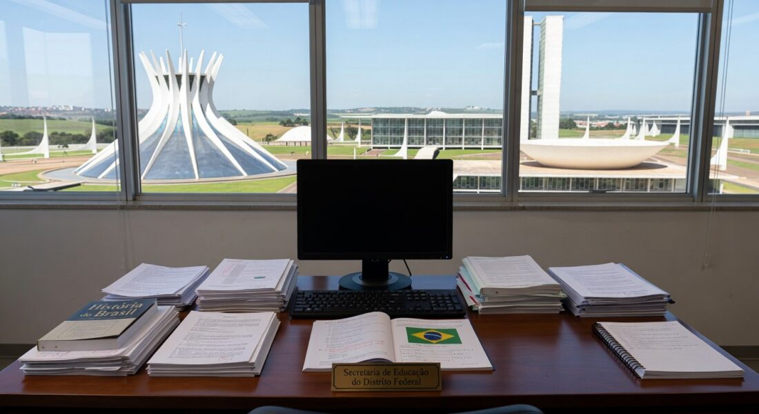 Sala de escritório na Secretaria de Educação do DF, com mesa e itens simbólicos de um projeto estudantil em Brasília.