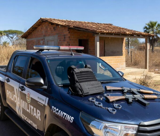 Viatura da polícia em Ponte Alta Norte com armas confiscadas, representando prisão por violência doméstica e posse irregular de armas.