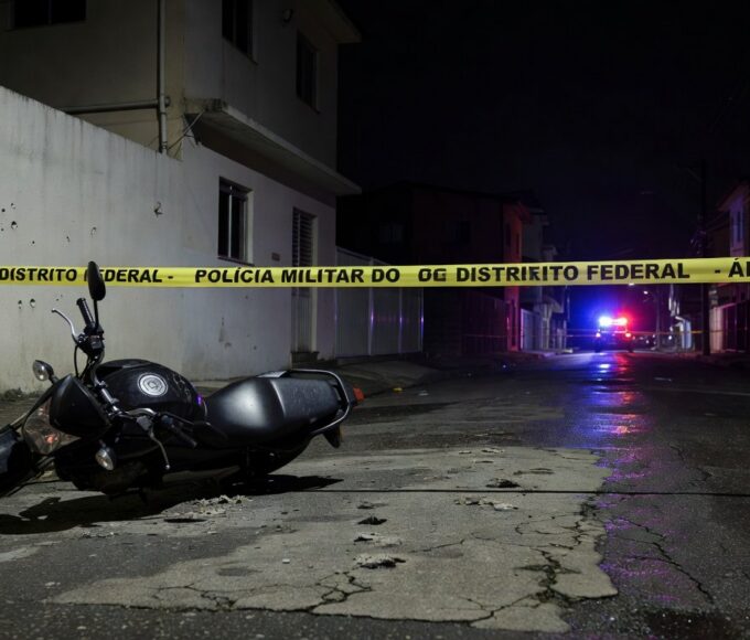Cena de rua em Taguatinga, DF, com motocicleta abandonada e marcas de tiros, indicativa de crime violento.