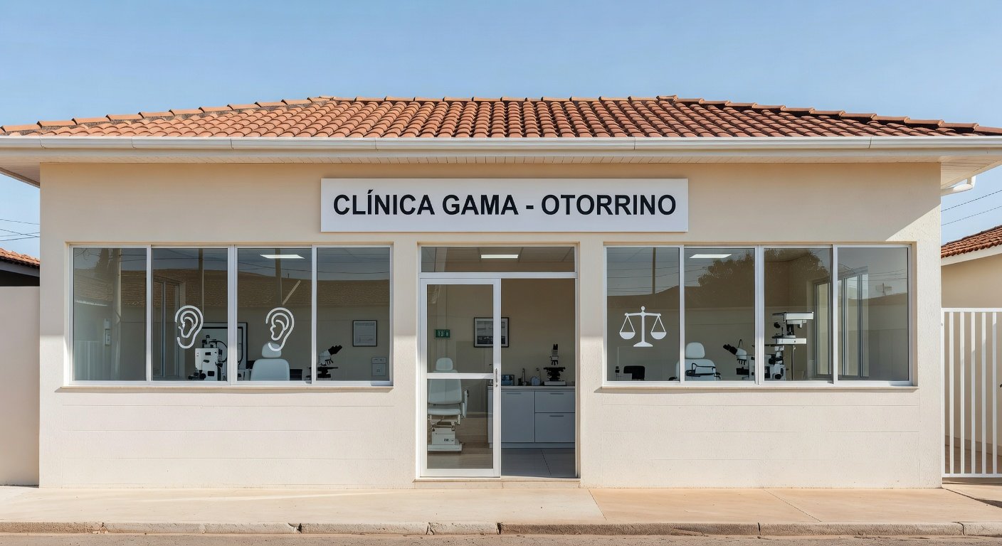 Clínica otorrinolaringológica no Gama para tratamento de tontura e zumbido, em estilo fotojornalístico.