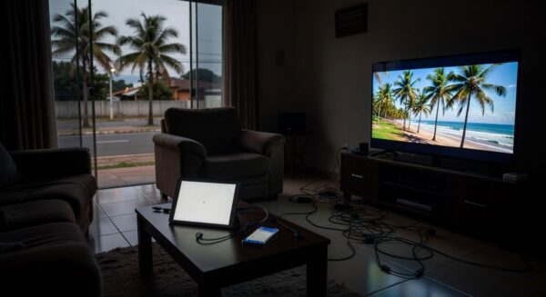 Pilha de smartphones e tablets em mesa de casa brasileira, representando riscos do uso excessivo de telas para jovens.