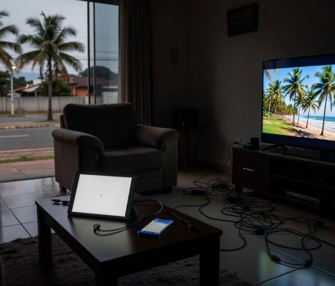 Pilha de smartphones e tablets em mesa de casa brasileira, representando riscos do uso excessivo de telas para jovens.