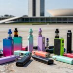 Cigarros eletrônicos espalhados em ambiente urbano de Brasília, representando experimentação entre jovens segundo IBGE.