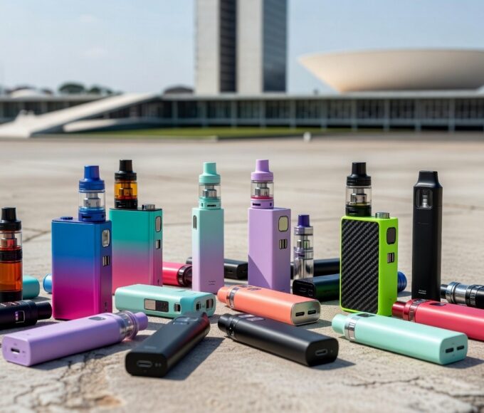 Cigarros eletrônicos espalhados em ambiente urbano de Brasília, representando experimentação entre jovens segundo IBGE.