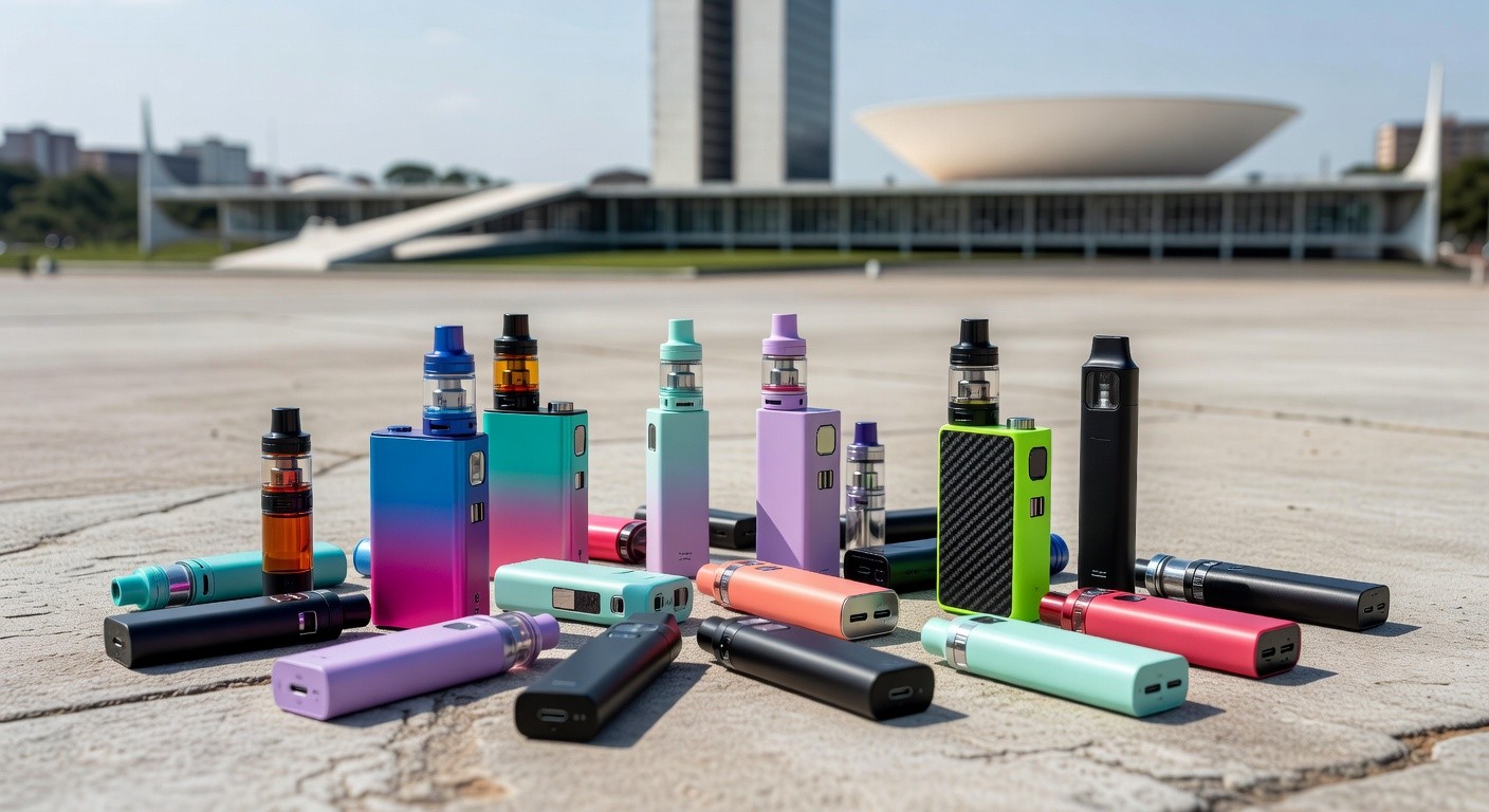 Cigarros eletrônicos espalhados em ambiente urbano de Brasília, representando experimentação entre jovens segundo IBGE.