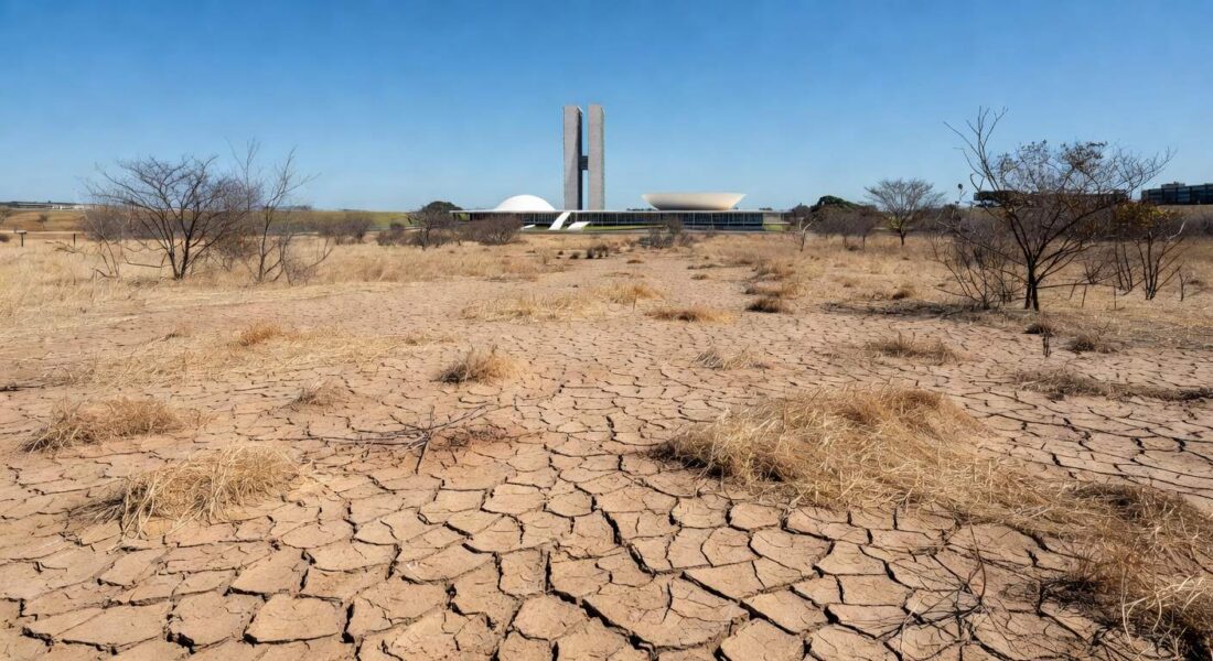 Ponto de hidratação sendo instalado em parque seco de Brasília, destacando instalação tardia pela Caesb.