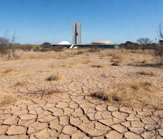 Ponto de hidratação sendo instalado em parque seco de Brasília, destacando instalação tardia pela Caesb.