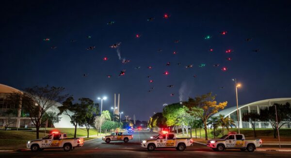 Viatura da PMDF em rua de Brasília com drones sendo derrubados no céu, estilo fotojornalístico.