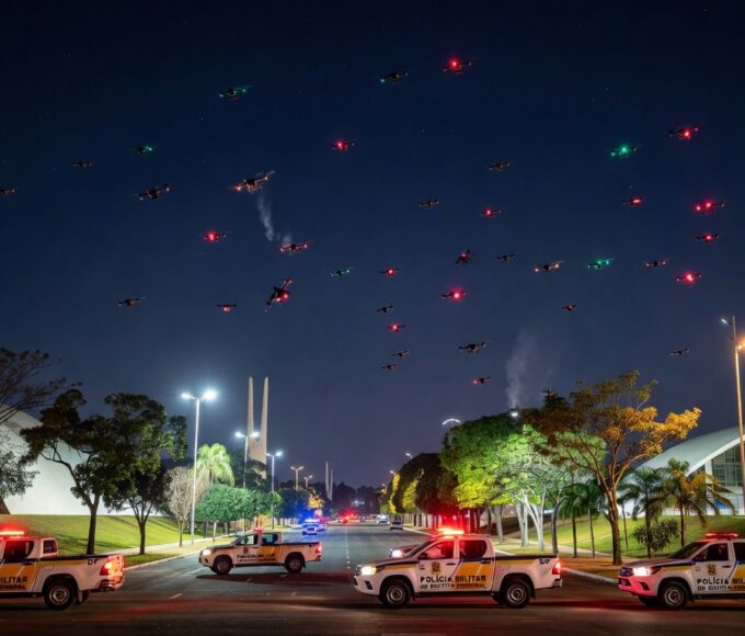 Viatura da PMDF em rua de Brasília com drones sendo derrubados no céu, estilo fotojornalístico.