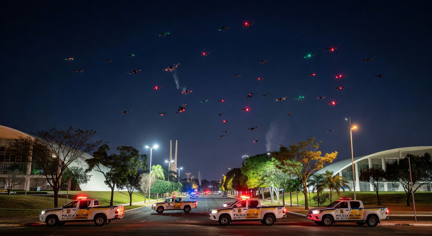 Viatura da PMDF em rua de Brasília com drones sendo derrubados no céu, estilo fotojornalístico.