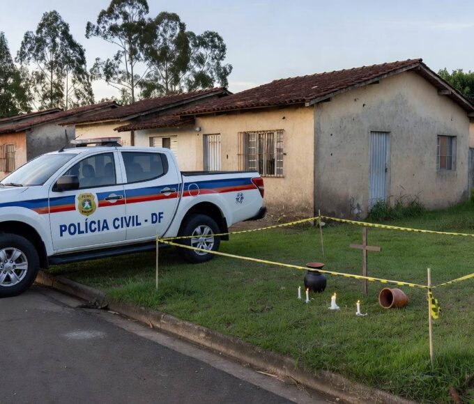 Viatura da Polícia Civil no Gama investigando sacrifício ritual de cabra e bode.