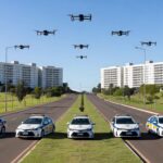 Viaturas da PMDF e drones em operação contra crimes na Asa Norte, Brasília.