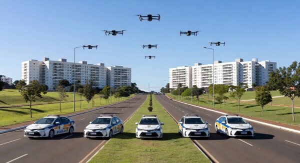 Viaturas da PMDF e drones em operação contra crimes na Asa Norte, Brasília.