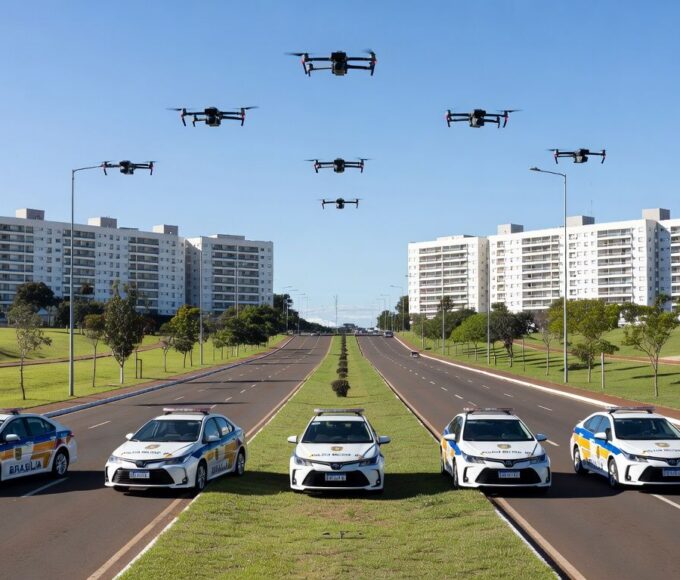 Viaturas da PMDF e drones em operação contra crimes na Asa Norte, Brasília.
