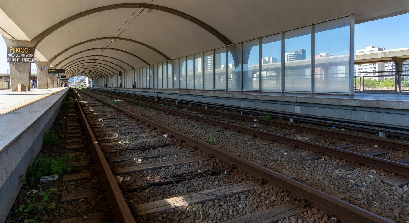 Estação de metrô em Brasília com documentos espalhados, representando ineficiências em aquisições públicas do Metrô-DF.