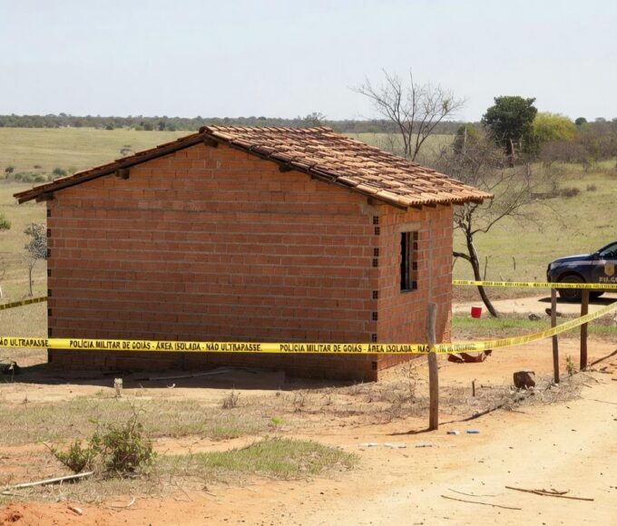 Cena de crime em residência em Águas Lindas (GO), com fita de isolamento e viaturas da Polícia Militar.