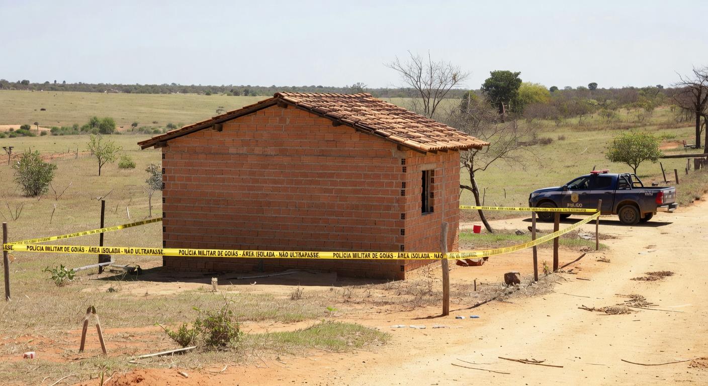 Cena de crime em residência em Águas Lindas (GO), com fita de isolamento e viaturas da Polícia Militar.